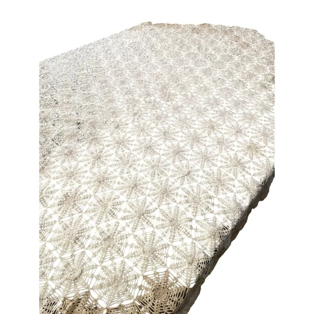 Vintage Handmade Crochet Tablecloth Used Cream Tan